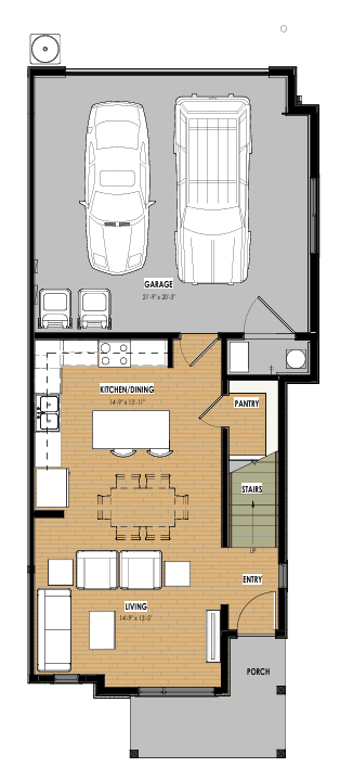 A floor plan of a house with a garage, living room, dining room, kitchen, and two bedrooms.