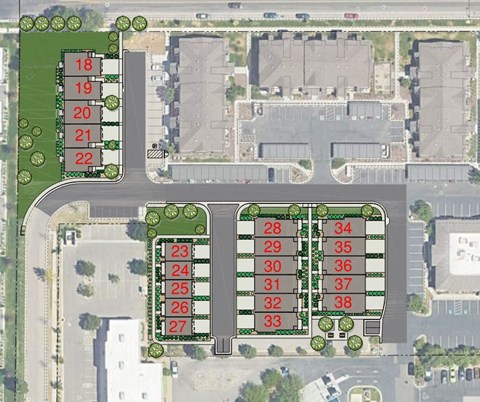 A map shows a parking lot with numbered parking spaces from 18 to 38.
