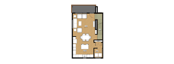 A floor plan of a house with a living room, kitchen, dining room, pantry, and staircase.