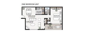 A floor plan of a one bedroom unit with a living room, dining room, kitchen, and bathroom.