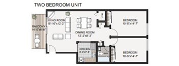 A floor plan of a two bedroom unit with a living room, dining room, kitchen, and balcony.