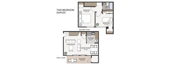 A floor plan of a two bedroom duplex with a living room, dining room, kitchen, and balcony.