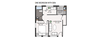 A floor plan of a one bedroom apartment with a den and a living room.