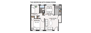 A floor plan of a two bedroom apartment with a dining room and living room.