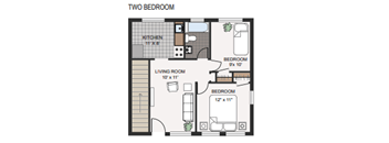 A floor plan of a two bedroom apartment with a living room, kitchen, and bedrooms.