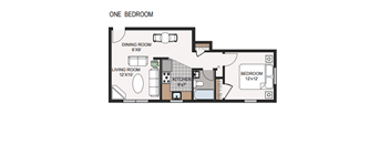 A floor plan of a one bedroom apartment with a living room, kitchen, dining room, and bedroom.