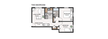 A floor plan of a two bedroom apartment with a living room, dining room, kitchen, and two bedrooms.