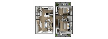 A floor plan of a small apartment with a kitchen, living room, and bathroom.