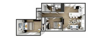 A modern, white and wood, two-story apartment layout.