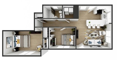 A modern, white and wood, two-story apartment layout.
