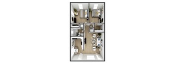 A top-down view of a small apartment with a kitchen, living room, and bathroom.