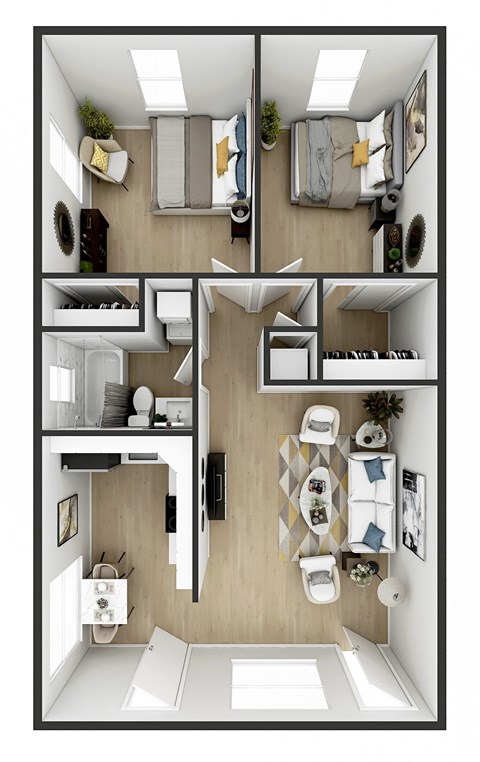 A top-down view of a small apartment with a kitchen, living room, and bathroom.