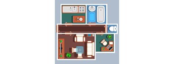 A top-down view of a small apartment with a kitchen, living room, and bathroom.