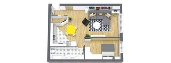 A floor plan of a house with a kitchen, living room, and dining area.