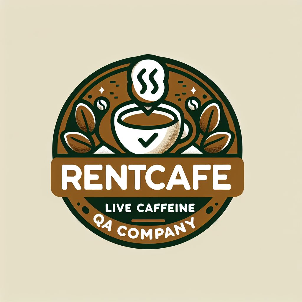 A logo for RentCafe, a live caffeine company, featuring a steaming cup of coffee.