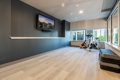 A room with a television on the wall and a row of exercise equipment.
