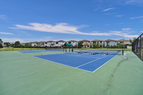 Outdoor tennis courts with a blue surface and white boundary lines.