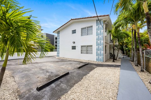 A white house with a blue patterned wall is surrounded by palm trees.