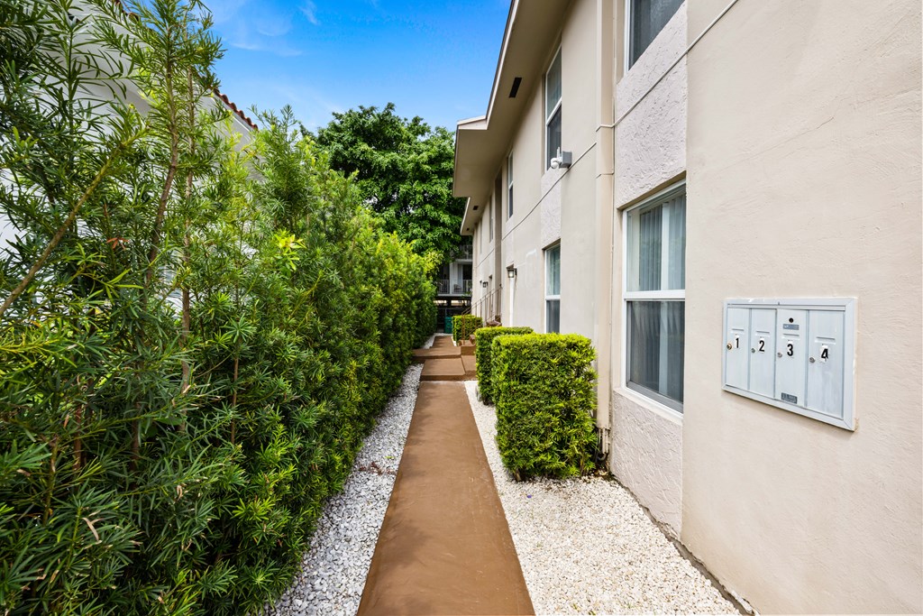 A narrow pathway leads between two rows of green shrubbery.