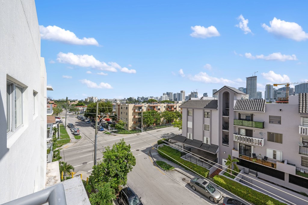 A view of a city street from a high vantage point.