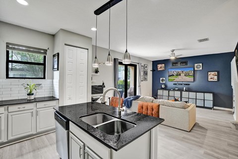 A modern kitchen with a black countertop and a dishwasher.
