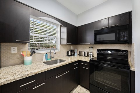 A kitchen with black cabinets and appliances.