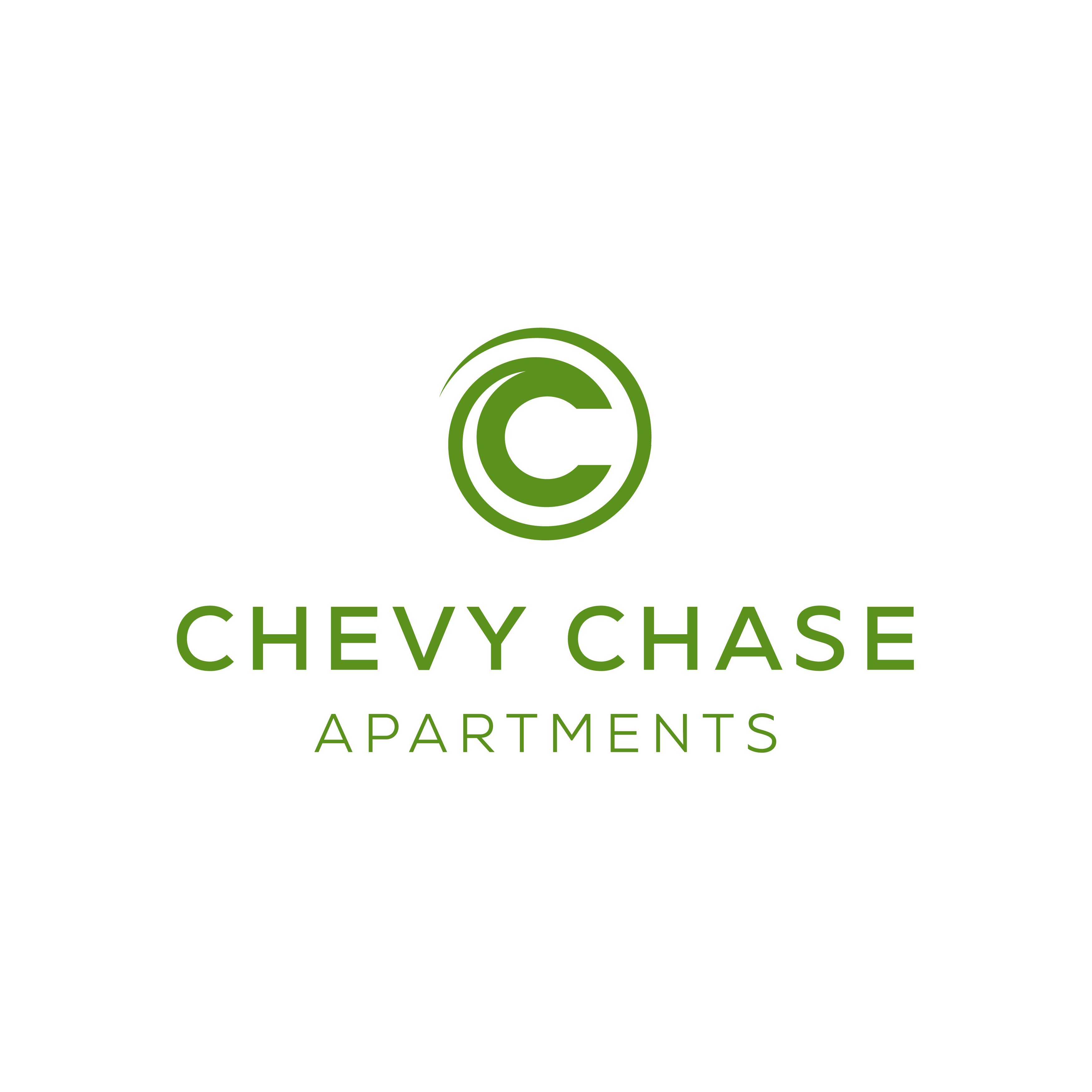 A logo with a green circle and the words "Chevy Chase Apartments" written in green.