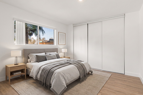 A bedroom with a large bed and a window showing a view of a palm tree.