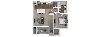 A 3D floor plan of a house with a kitchen, living room, and bedrooms.