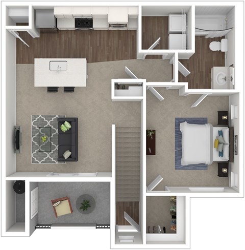 A 3D floor plan of a house with a kitchen, living room, and bedrooms.