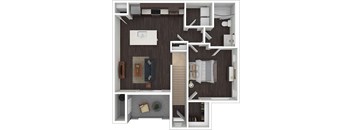 A top-down view of a small apartment with a kitchen, living room, and bathroom.