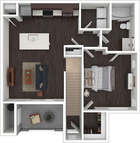 A top-down view of a small apartment with a kitchen, living room, and bathroom.