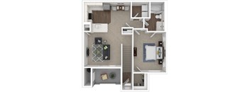 A floor plan of a house with a kitchen, living room, and bathroom.