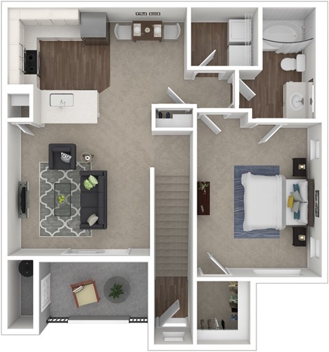 A floor plan of a house with a kitchen, living room, and bathroom.