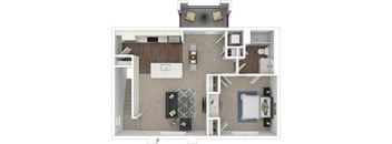 A top-down view of a small apartment layout with a kitchen, living room, and bedroom.