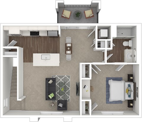 A top-down view of a small apartment layout with a kitchen, living room, and bedroom.