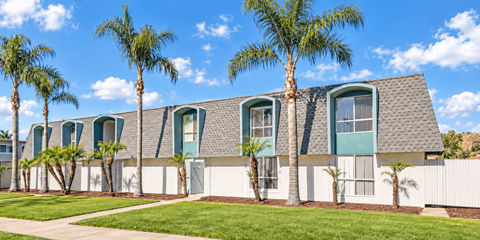 A row of houses with palm trees in front.