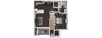 A top-down view of a modern apartment layout with a kitchen, living room, and bathroom.