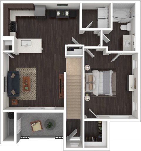 A top-down view of a modern apartment layout with a kitchen, living room, and bathroom.