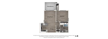 A floor plan of an apartment with a living room, dining room, kitchen, bedroom, bathroom and a patio/balcony.