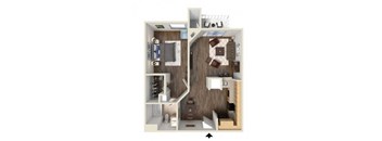 A 3D floor plan of a small apartment with a kitchen, living room, and bathroom.