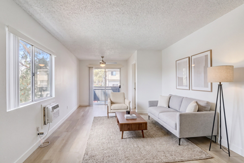 A living room with a grey couch, a coffee table, and a lamp.