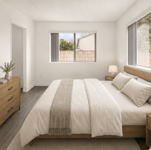 A bedroom with a large bed and a window overlooking a fence.