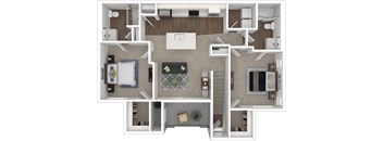 A top-down view of a house layout with a kitchen, living room, and bathroom.