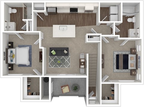 A top-down view of a house layout with a kitchen, living room, and bathroom.