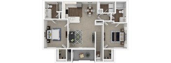 A top-down view of a house layout with a kitchen, living room, dining room, and bedrooms.