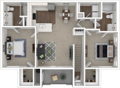 A top-down view of a house layout with a kitchen, living room, dining room, and bedrooms.