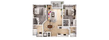A top-down view of a house layout with a kitchen, living room, and bedrooms.