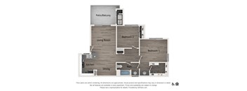 A 3D floor plan of an apartment with a living room, kitchen, dining area, two bedrooms, a bathroom, and a patio/balcony.