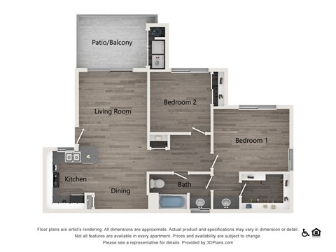 A 3D floor plan of an apartment with a living room, kitchen, dining area, two bedrooms, a bathroom, and a patio/balcony.